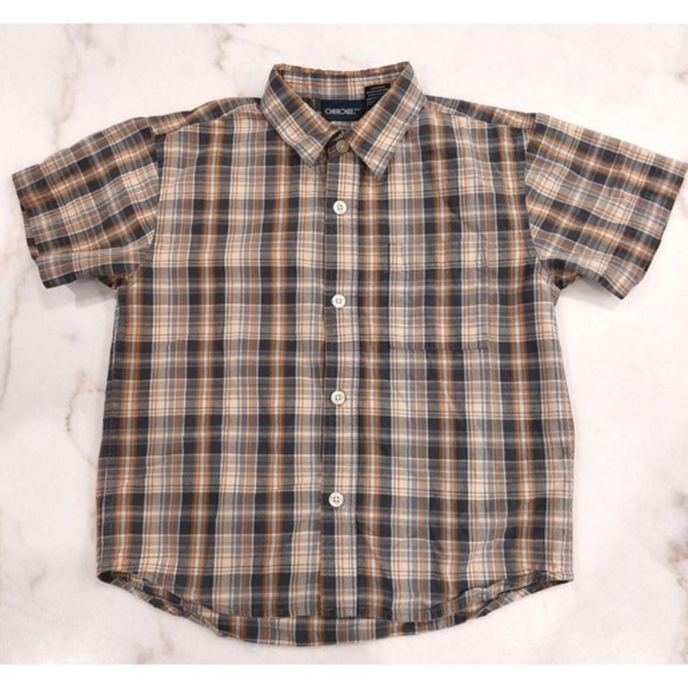 Cherokee Boys Short Sleeve Button Down Shirt Orange/Gray/Black Small Check Plaid